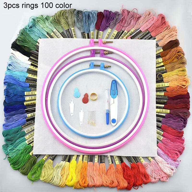 Embroidery Circles Set Embroidery Thread 50 100 Colors Sewing Tool Adjustable Skein Punch Needle Stitching: 3pcs rings 100 color