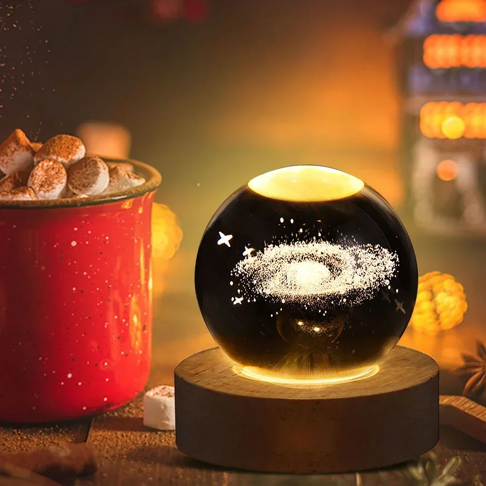 Lampe boule de cristal galaxie alimentée par USB, lumière de lune éclairée en 3D pour la maison, chambre à coucher, bureau, décoration de table, veilleuse