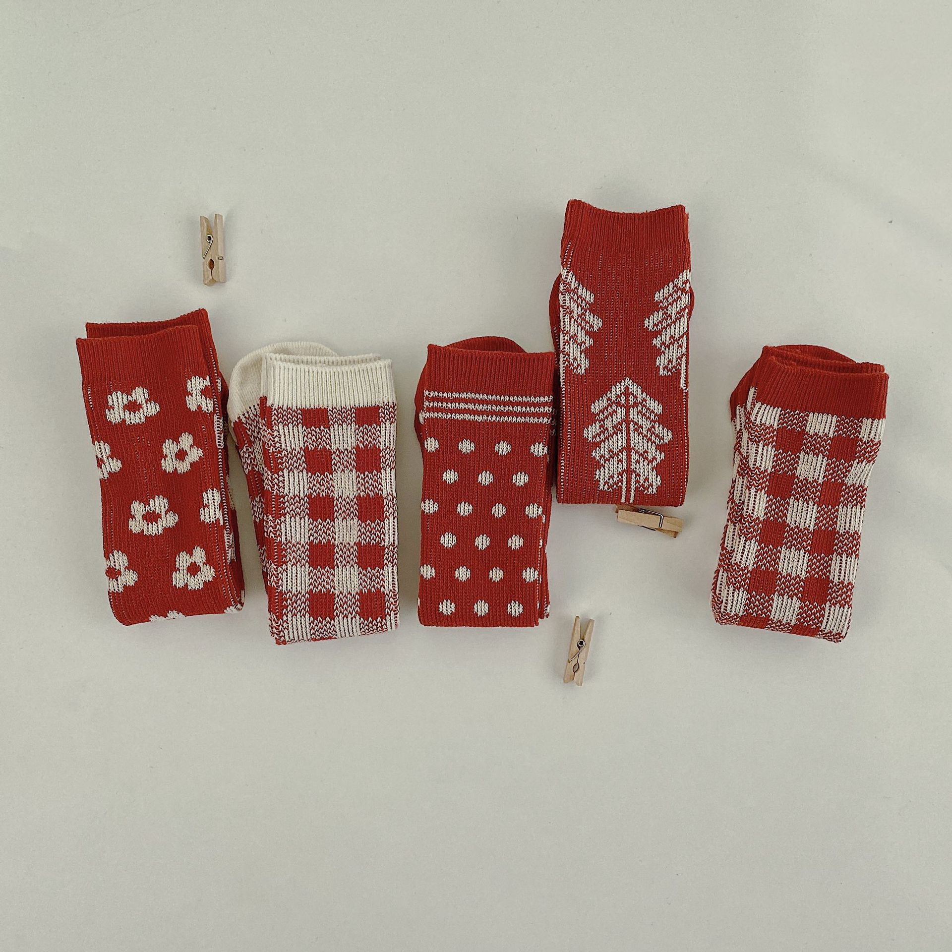 Kerst koreaanse stijl winter kinderen gebreide sokken warme festival kinderen rode lange sokken 5 paar/set