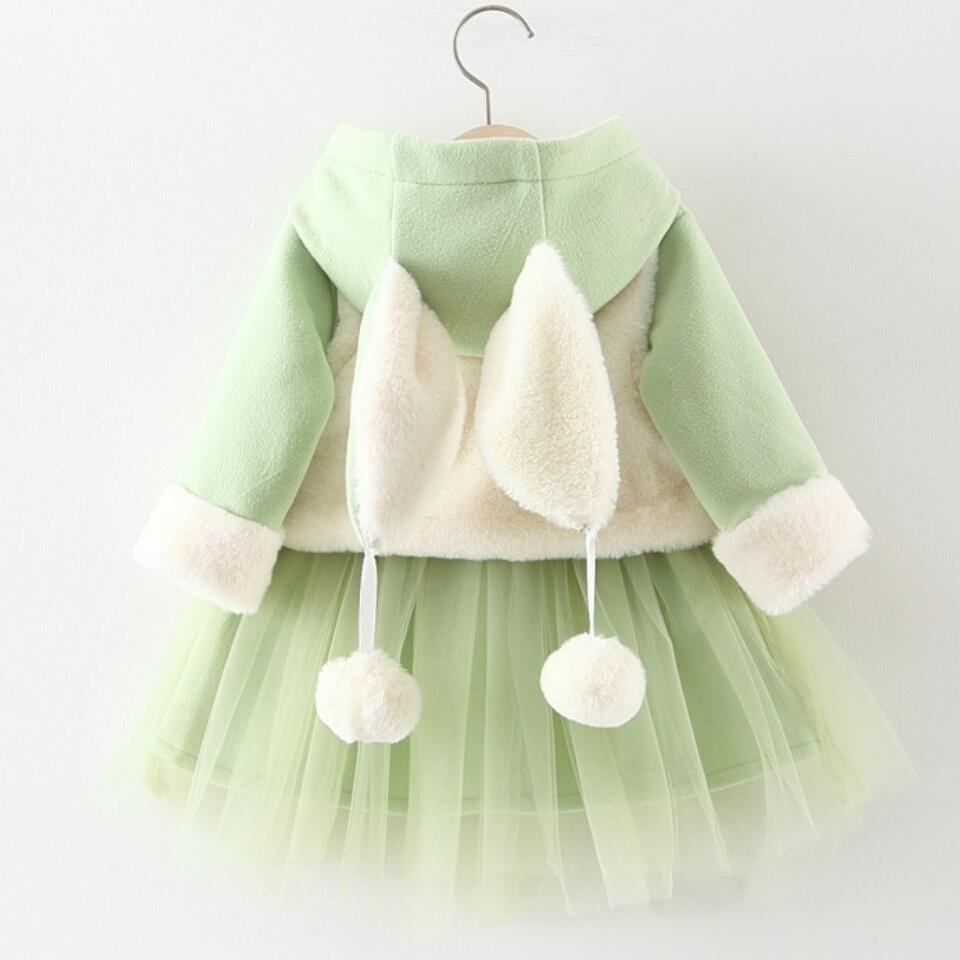 Moda uszy królika dziewczynka sukienka zimowa ładny gruby kaszmir sukienka + kwiat futro kamizelka dziewczyny odzież 2 sztuk zestaw dla 1 2 3 4 5 lat