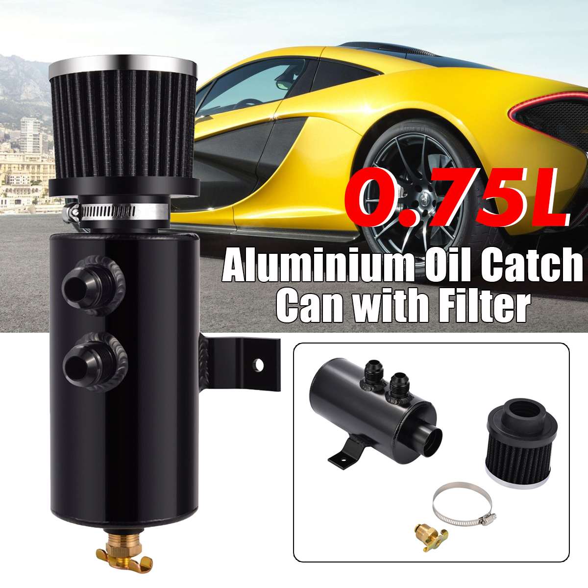 Univeral 2x AN10 Black Aluminium Car Baffled Engine Oil Catch Can 750ml with Twin Port Breather