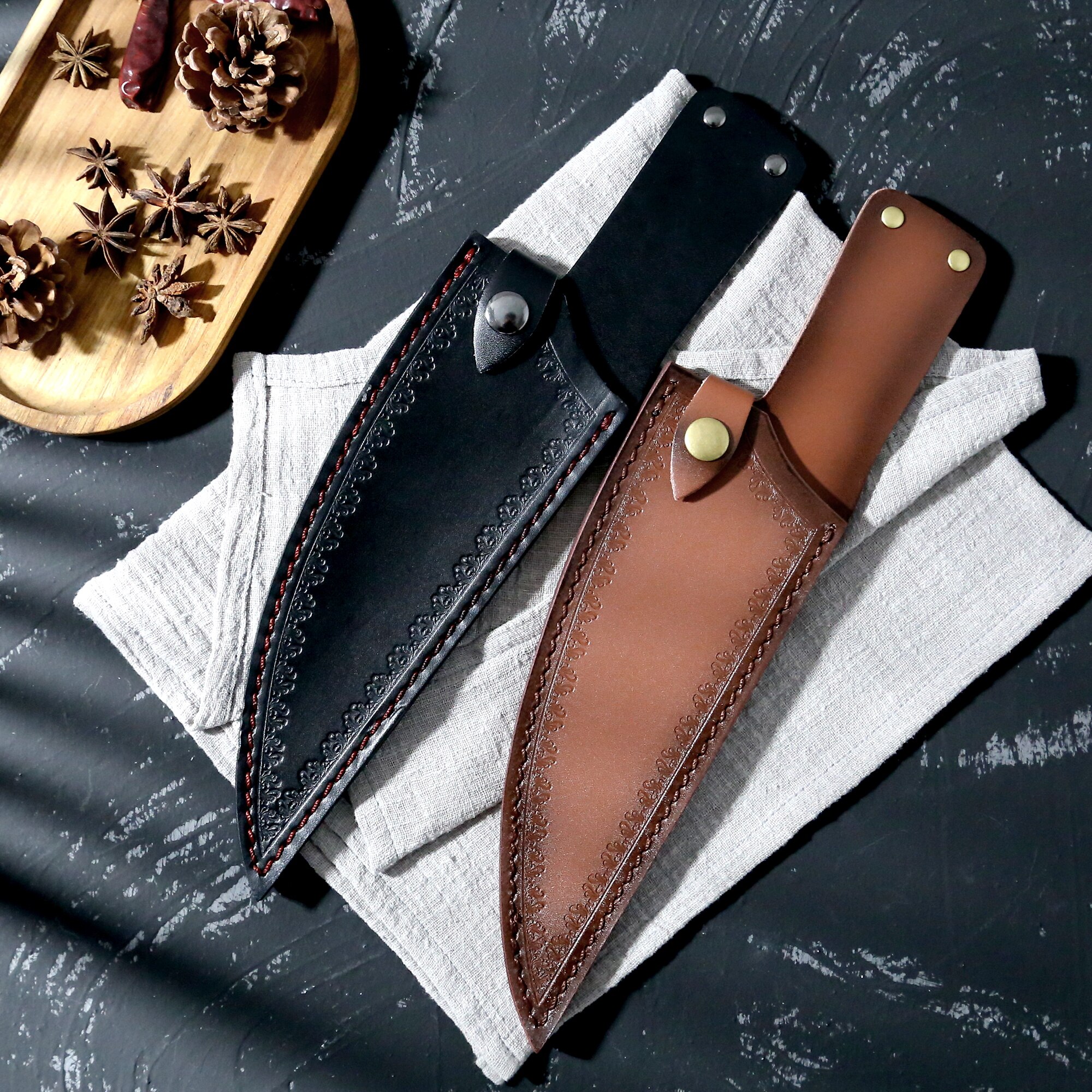 Xyj 2 Stks/set Koksmes Holster Leather Cover Schede Voor 8 Inch Keukenmessen Edge Guard Protector Met Riem Loop mes Mouwen