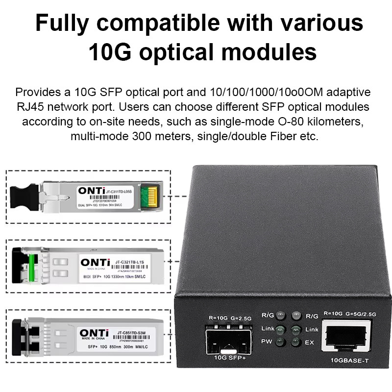 Conversor de fibra óptica onti 10 gigabit para  rj45 , transceptor de fibra óptica, switch ethernet sfp +1g/10g