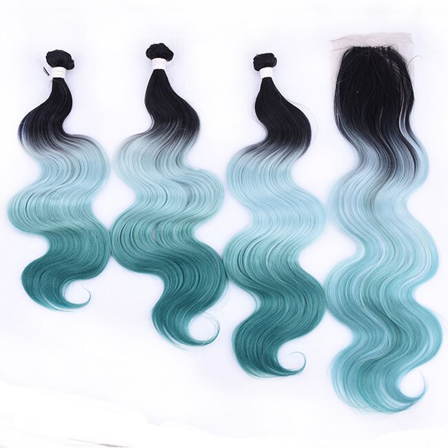16-20inch Body Wave Synthetic Ombre Hair Bundles With Closure Purple Pink Green Middle Part 4Pieces/lot 230g: 1B/27HL