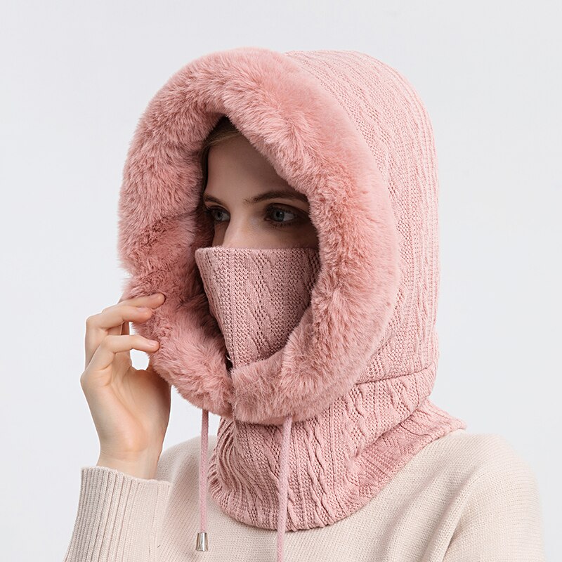 Talviturkis lippis maski setti hupullinen naisille neulottu kashmir kaula lämmin balaclava suksi tuulenpitävä hattu paksu pehmoinen pörröinen pipot huppu: Vaaleanpunainen