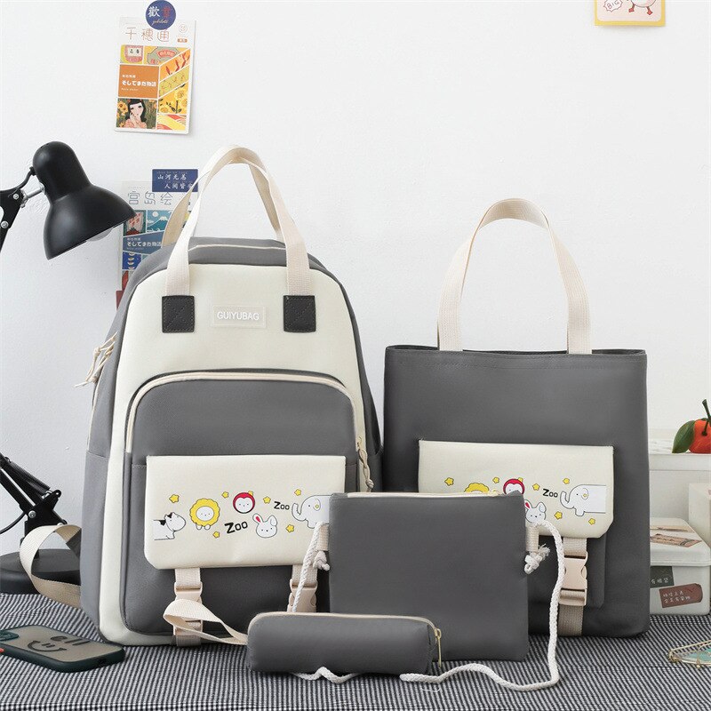 Qyahlybz 4 piece primary school student color matching bag middle school student backpack school children&#39;s girls backpacks: gray