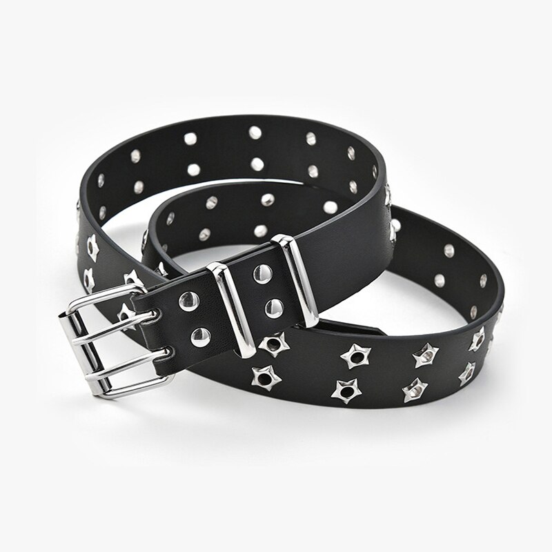 Punk Style Double Star Eyelet Waist Belt Adjustable PU Leather Punk Belt Wide Belt Two Row Hole Pin Buckle Female Belt