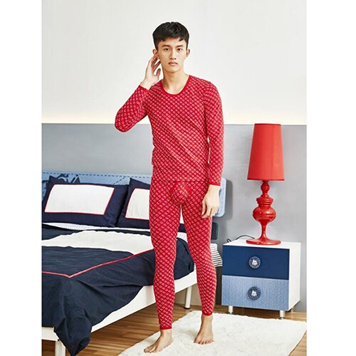 KWAN.Z thermal underwear long johns for men cotton thin men's underwear winter home clothes men camiseta termica hombre: Red / L