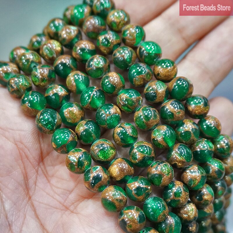 Natural Green Golden Stripe Cloisonne Stone Loose Round Beads for Jewelry Making 15" Strand 4 6 8 10 12MM Diy Bracelet Necklace