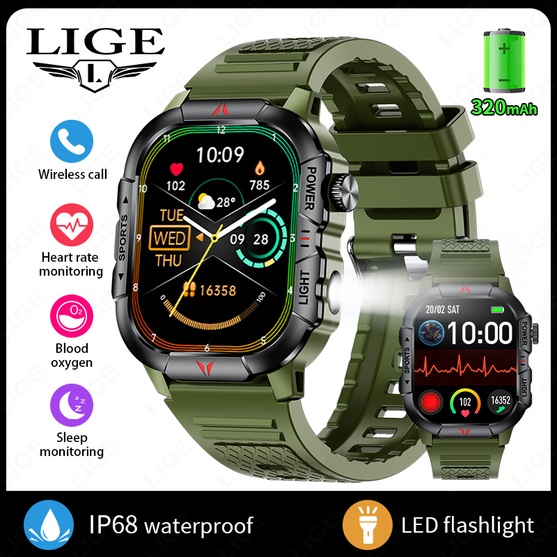 LIGE inteligentny zegarek latarka doprowadziło męskie zegarki wodoodporne 2.01-calowy ekran HD bransoletka zdrowotna wojskowy Smartwatch sportowy na świeżym powietrzu mężczyzna: zielony