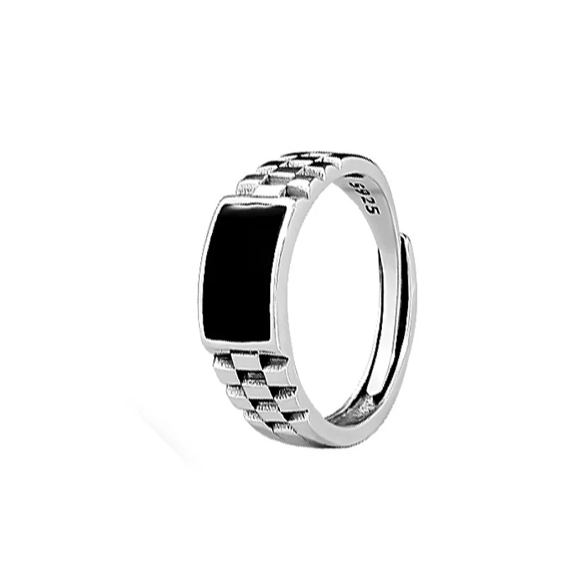último anillo rectangular negro de cristal, accesorios para dedos de boda para hombre, anillo cuadrado clásico, joyería de plata 925 para hombre ajustable