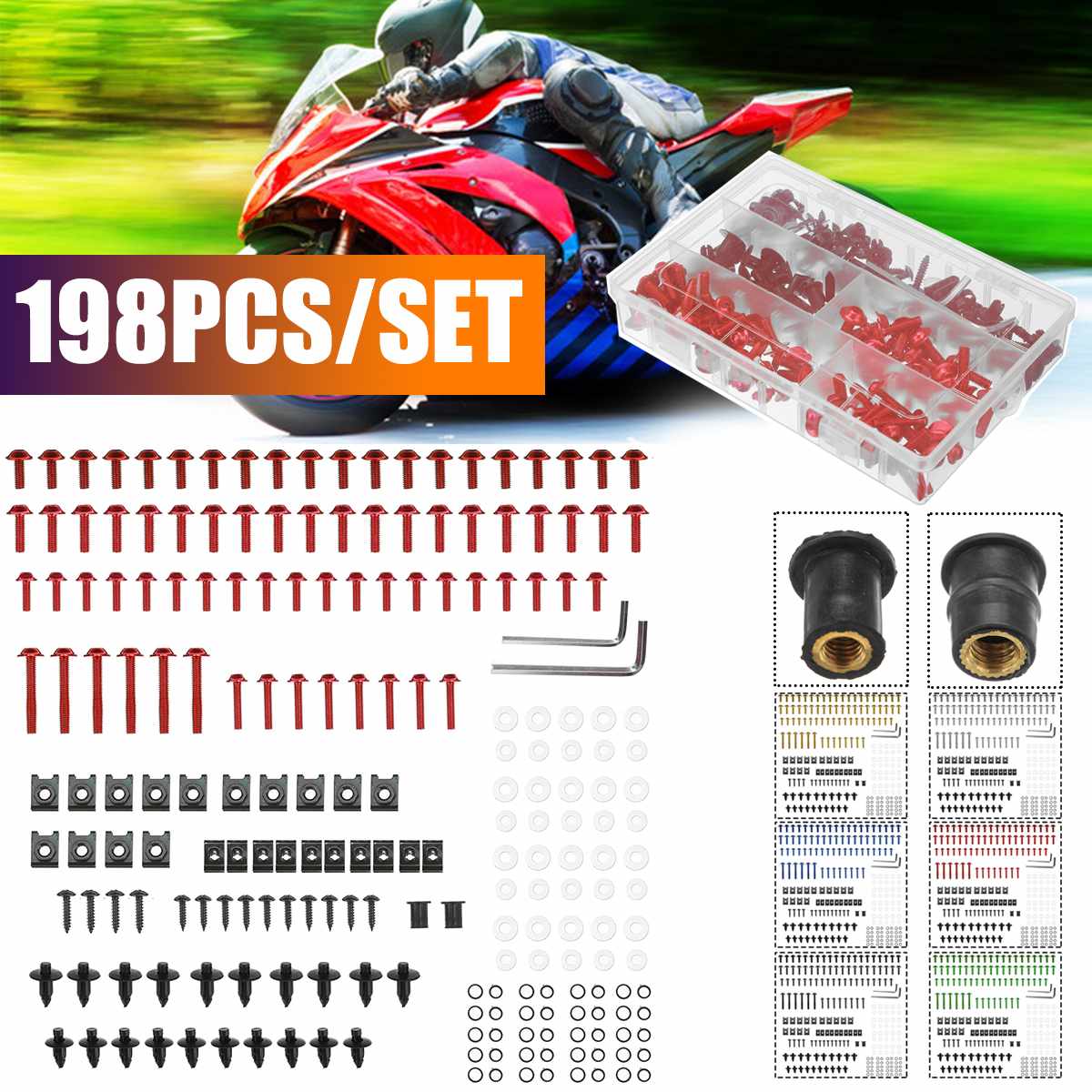 198Pcs Universal Motorcycle Kuip Bouten Schroeven Moeren Kit Sluiting Clips Sportbike Voor Honda Voor Yamaha Voor Kawasaki Voor Suzuki