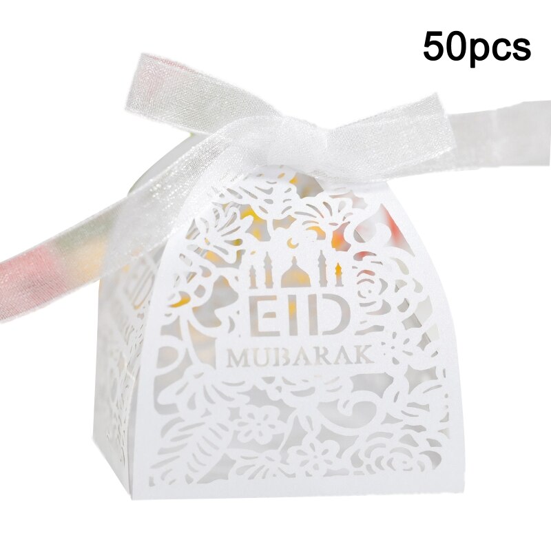 50pcs Eid Mubarak Candy Box Ramadan Decoration Hollow Wedding Party Favor Chocolate Boxes with Ribbons