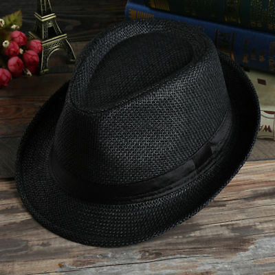 Unisex kvinner menn sommer casual trendy beach sun straw panama jazz hat cowboy fedora hat gangster cap: Svart