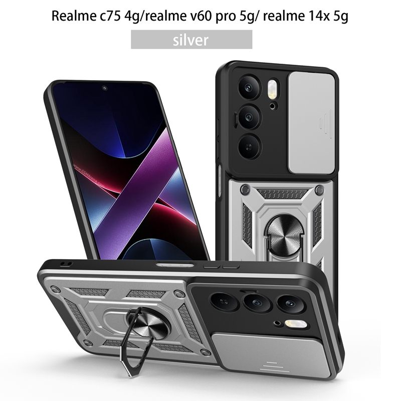 Magnetic Ring Holder Armor Case for OPPO Realme C75 C 75 RealmeC75 4G Slide Camera Protect Cover For Realme 14X 14 X Realme14X: Claret / Realme C75