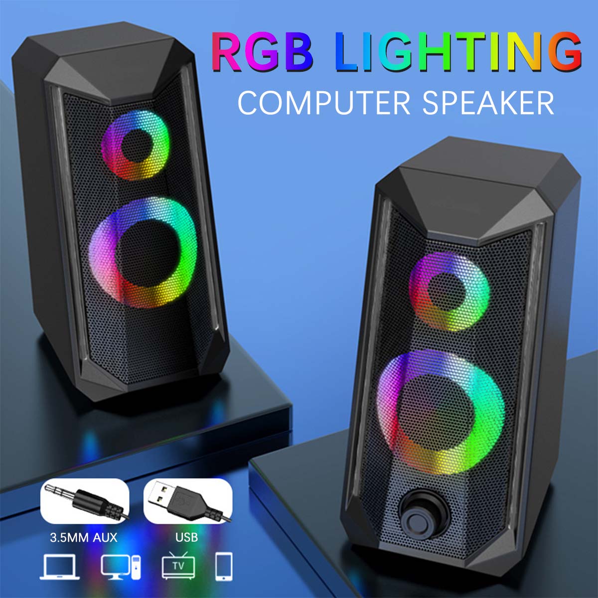 K102 RGB Dynamic Lighting Computer Speakers 3.5mm AUX/USB Stereo Loud Speaker No Delay Speakers Sound Bar for Desktop PC Laptop