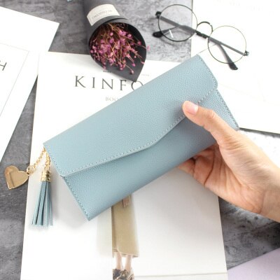 Lang læder pung dame punge tri-fold kvast dame pung pu pung hjerteformet vedhæng clutch kortholder telefontaske: Lyseblå