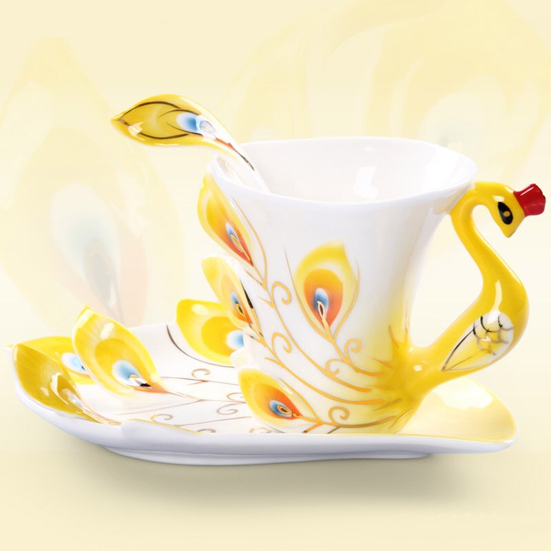 Taza de pavo real esmaltada de Color de cerámica con plato de café té beber agua tazas artesanales decoración creativa cumpleaños de San Valentín: Yellow
