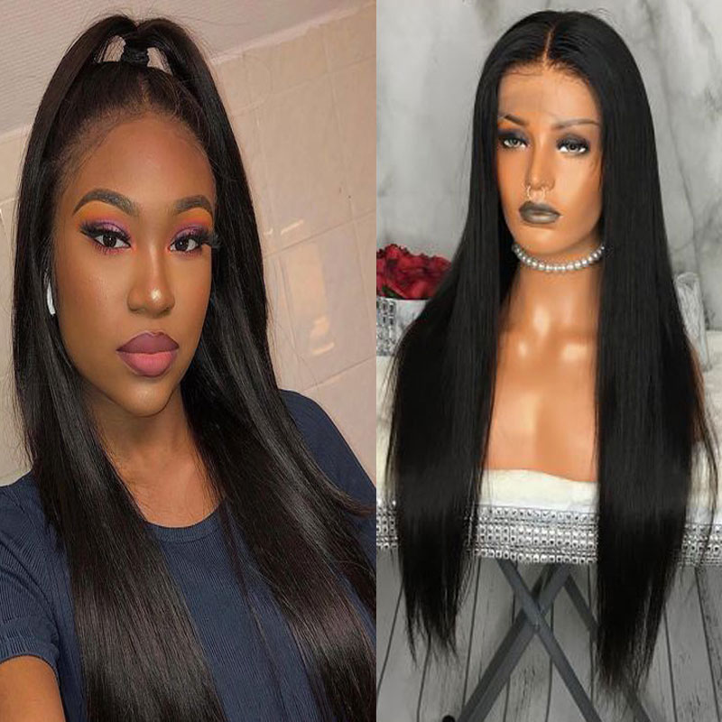 Bombshell Straight Synthetic Hair Lace Front Wig Black Heat Resistant Fiber Hair Natural Hairline Middle Parting For Women Wigs