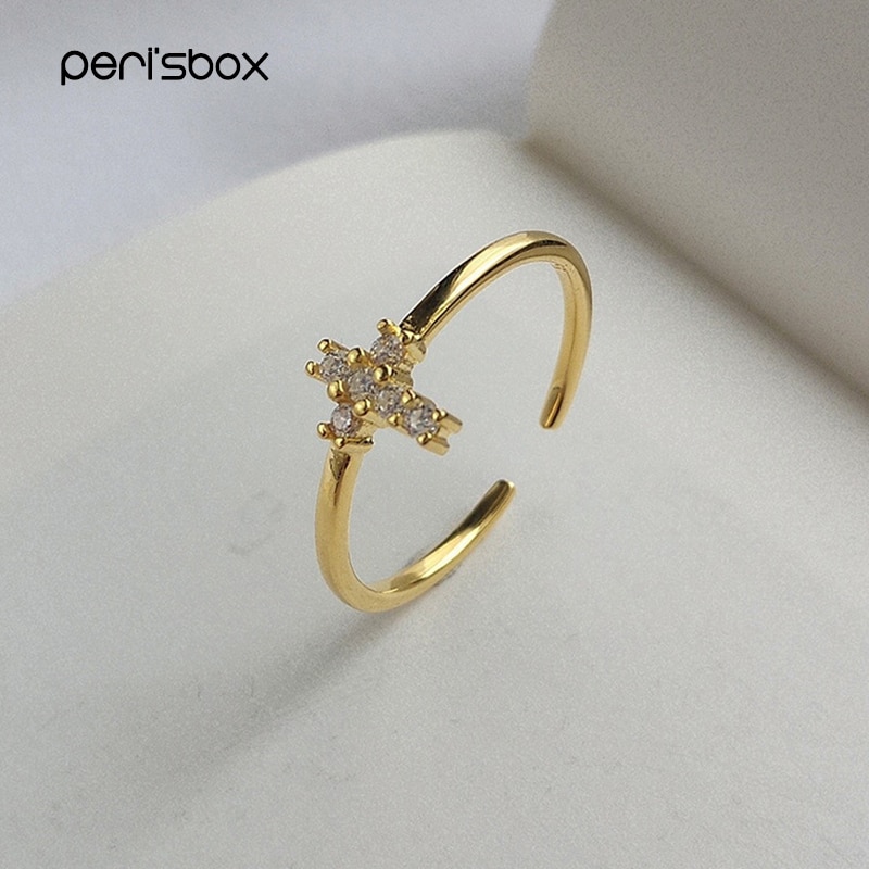 Peri'sBox CZ Stone Cross Ring 925 Sterling Silver Stackable Rings for Women Minimalist Gold Ring Dainty Jewelry Adjustable