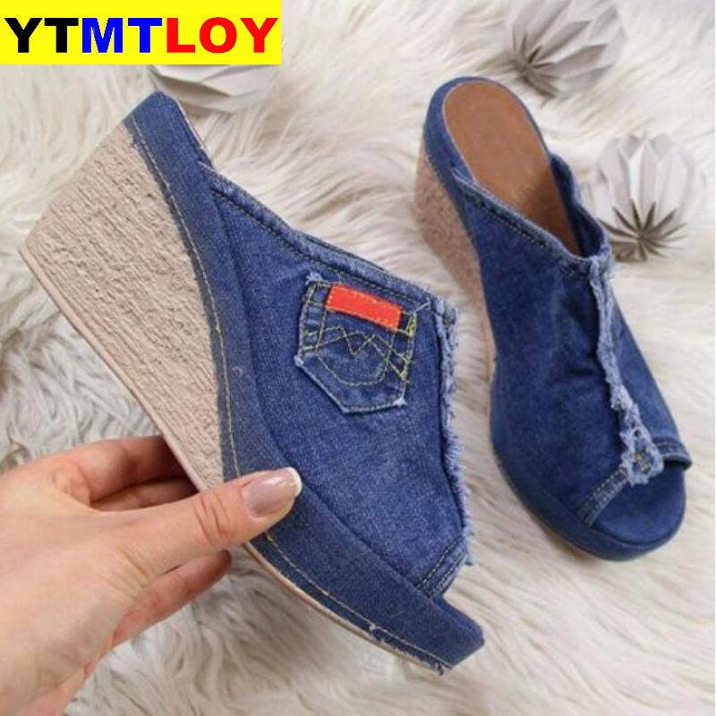 Kvinder sandaler kvindesko kvinde sommer wedge behagelige damer slip-on flade sandalier denim platform kiler høj hæl