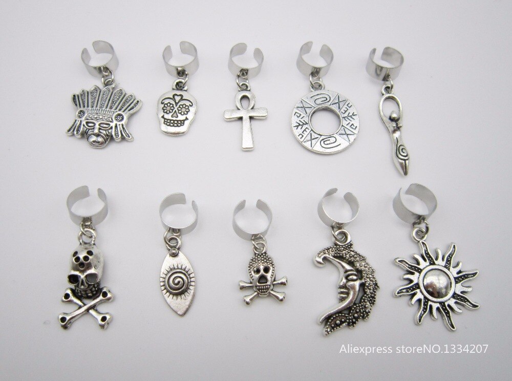 10 unids/lote de clips de cuentas de rastas para el cabello, abalorios de plata ajustables para trenzar el pelo, dijes de calavera para accesorios de peinado
