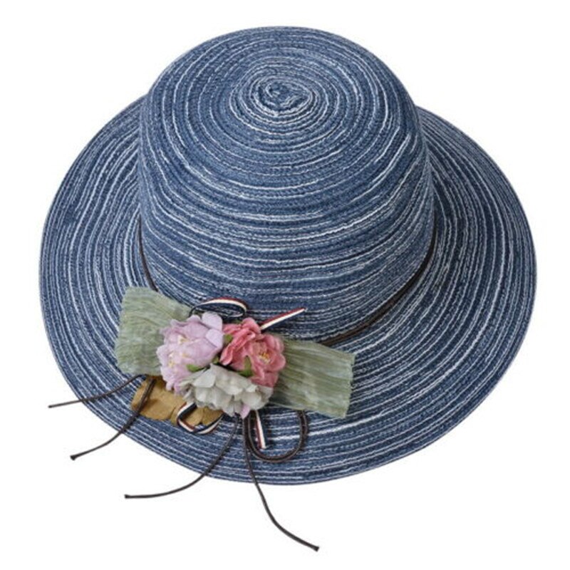 Women Ladies Summer Big Wide Brim Straw Hat Floppy Derby Beach Sun Foldable Cap: Blue