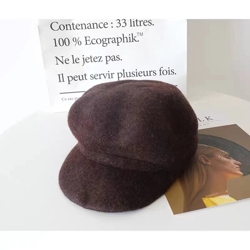 Tomkhu 100%  ullfilt vinter hestelue fast varmere kvinner beanies lokk klassisk fransk stil beret femme beanies damer lokk: Mørkebrun