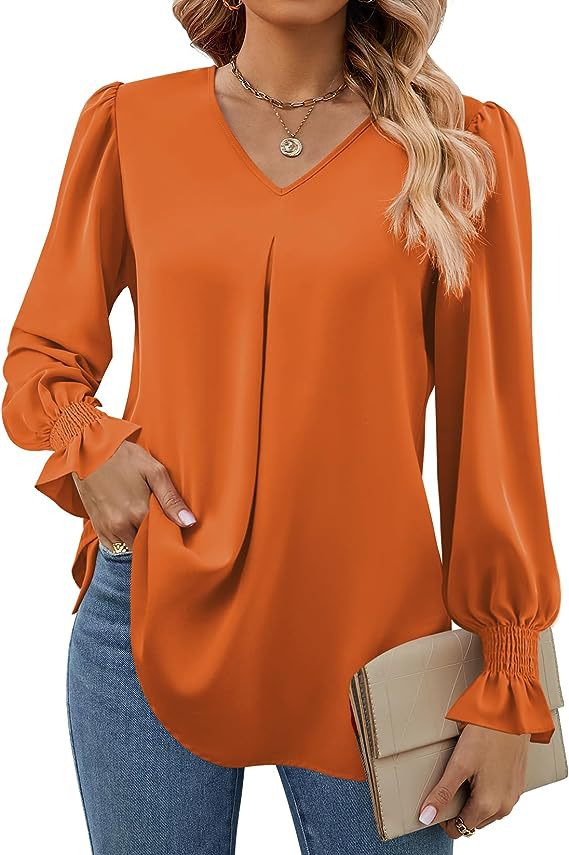 Solid Color Women's Shirt Autumn Item Solid Color Chiffon Shirt V-neck Pullover Trumpet Long Sleeved Top Blouse: XXL / SKY BLUE