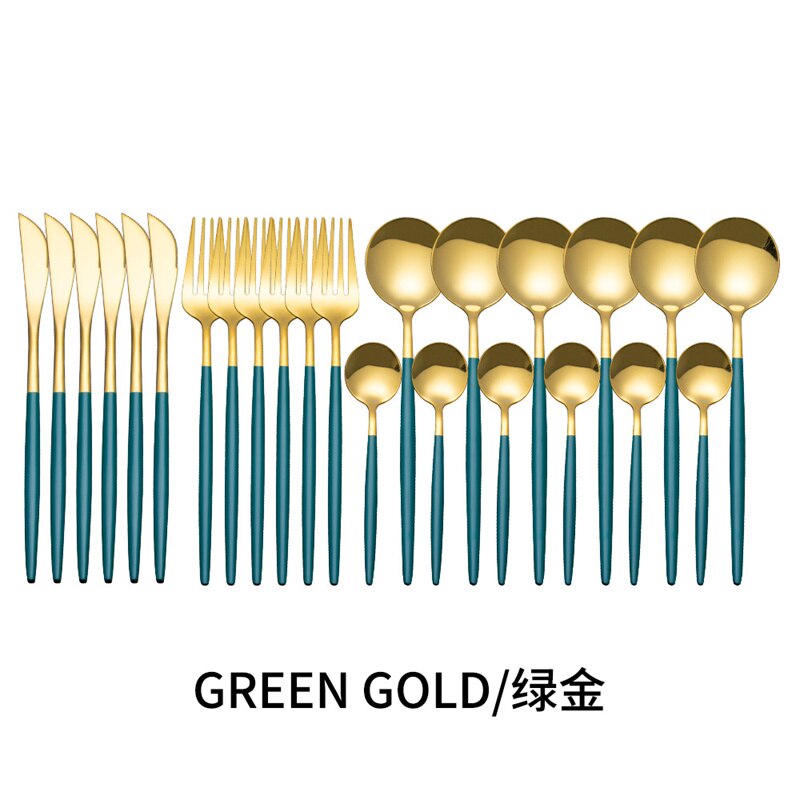 Couverts en acier inoxydable, 24 pièces, service de table, cuillère, couteau, fourchette, couteau, portugais occidental: GreenGold