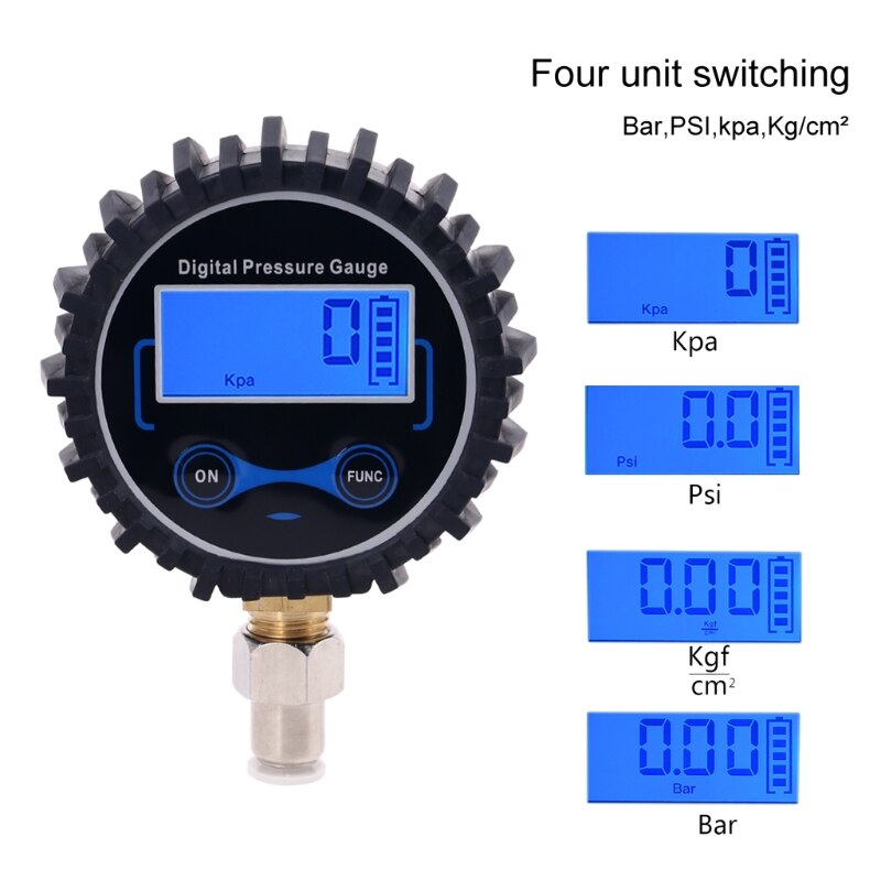 Digital Pressure Gauge with 6mm Outside Diameter Hose Straight Plug fitting 200PSI /BAR/KPA/kg/cm2