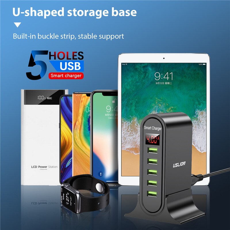 Uslion 5 Poorten Usb Charger Hub Led Display Multi Usb Opladen Station Desktop Muur Thuis Eu Uk Plug Voor Iphone xiaomi Samsung