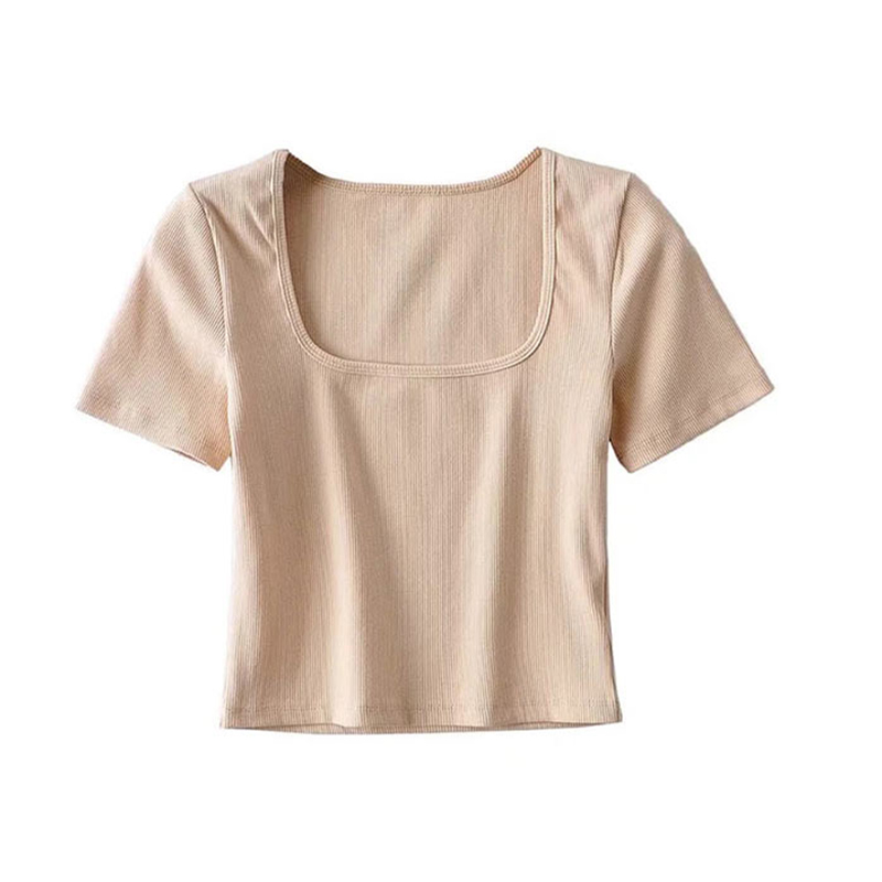 Haut court côtelé à col carré pour femme, t-shirt à manches courtes: S / APRICOT