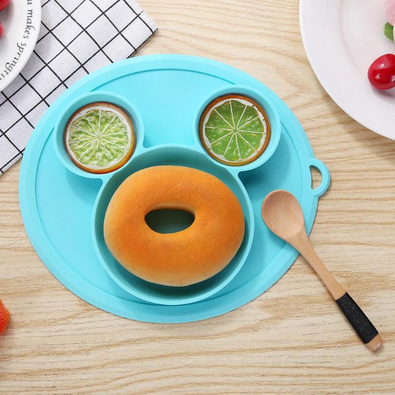 Baby Siliconen Plaat Cartoon Drie Grids Beer Vorm Diner Kom Zuig Waggel Training Servies Kids Veiligheid Voerbak