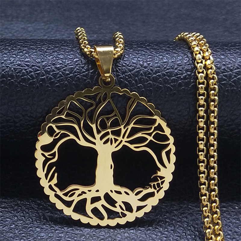 Levensboom Halsketting Voor Dames Heren Roestvrij Staal Goudkleurige Hanger Kettingen Amulet Sieraden Cadeau N3397GDS01: Licht Geel Goud Kleur
