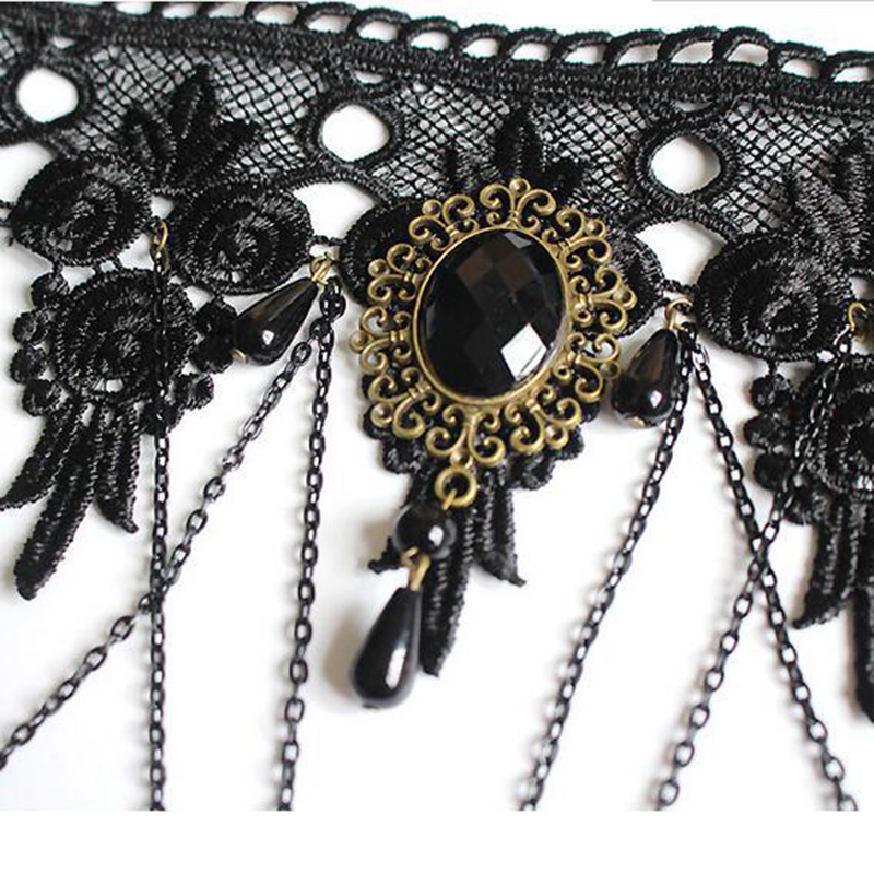 Gothic Victorian Black Lace Necklace Women Girl Boho Crystal Tassel Sexy Choker Steampunk Dark Loli Style Halloween Jewelry