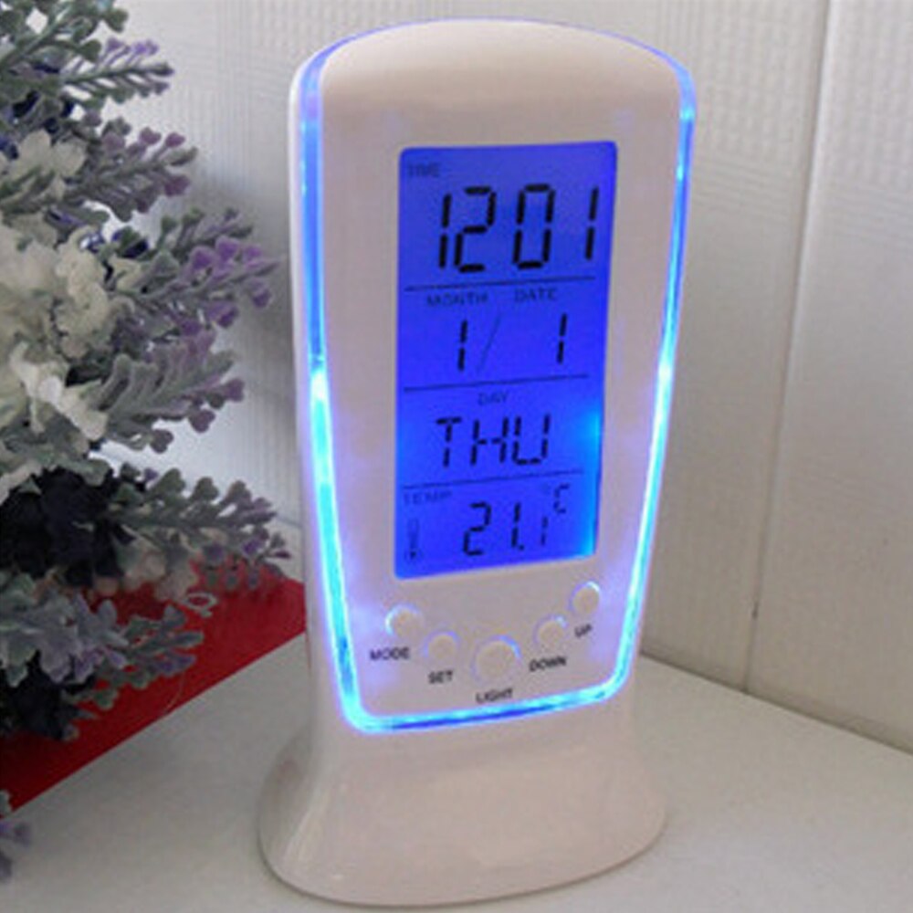 Led Blauw Lichtgevende Digitale Mini Bureauklok Met Elektronische Kalender Thermometer Led Tafel Klok 7 Geluiden Wekker 13*6*5.5Cm