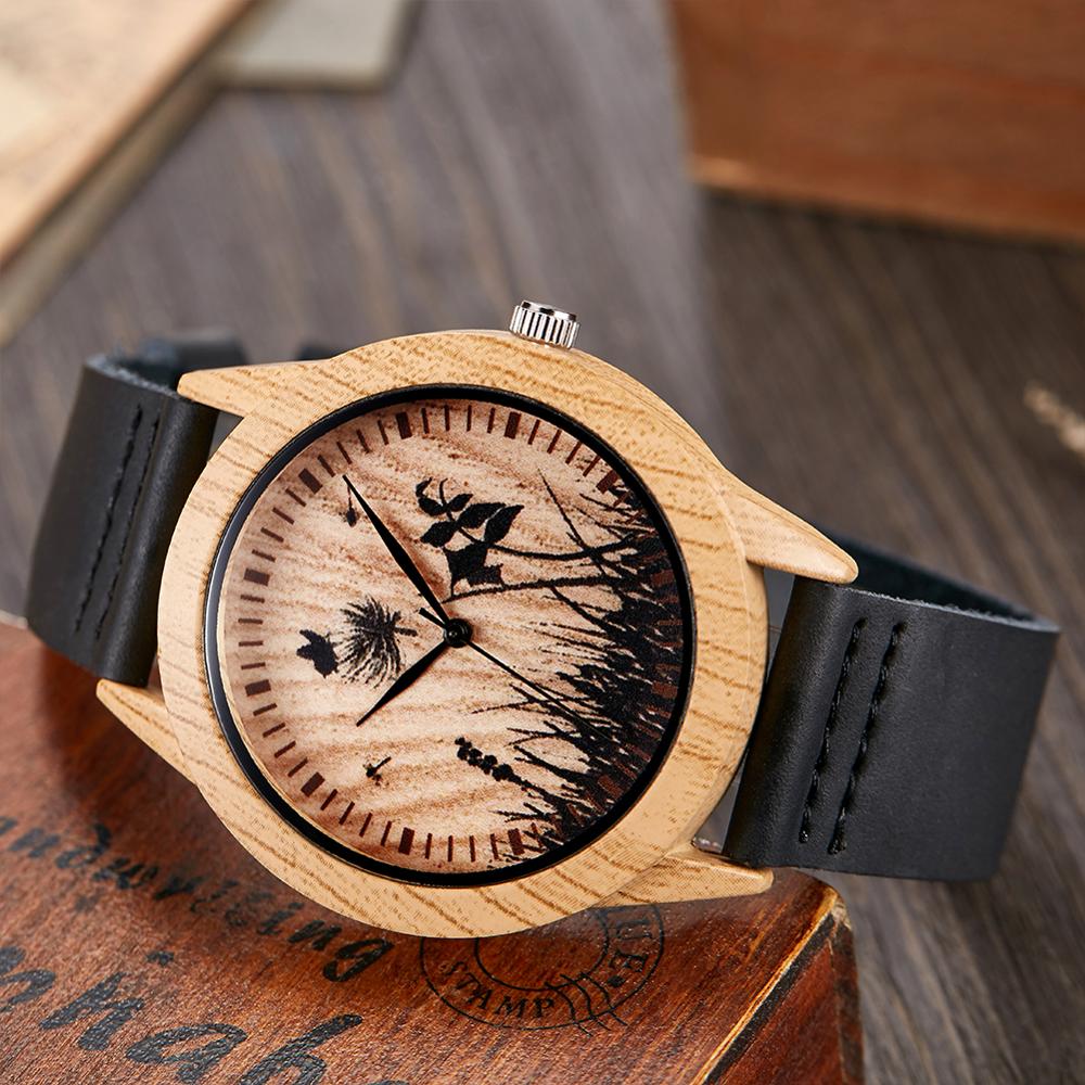 Wood Watch Men Women Couple Quartz Imitation Bamboo Wooden Male Animal Horse Watch Watches Leather Wrist Clock Reloj: W4 for Men