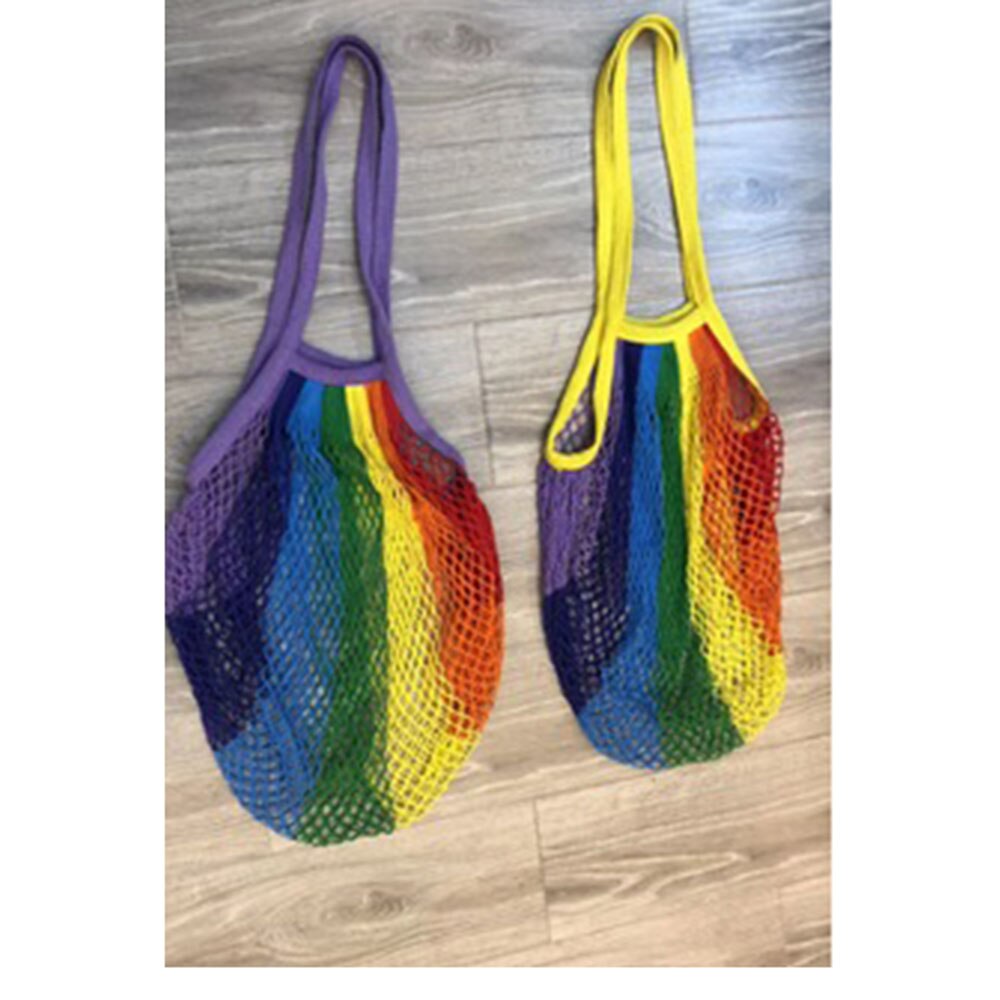 Regnbue stor mesh net indkøbstaske genanvendelig snor frugt opbevaring håndtaske totes kvinder shopping mesh net vævet taske holdbar
