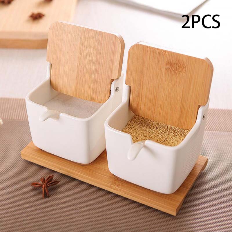 Keramik Salz Container Küche würzen Töpfe Pfeffer Gläser Lagerung Mit Deckel Löffel Porzellan Kasten Bambus Abdeckung Würze Gewürz Gestell: 2Stck Weiß Töpfe