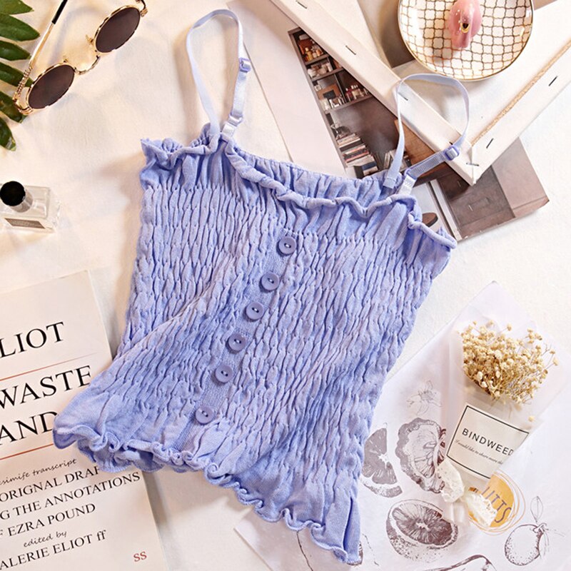 Kvinder strikket camis knap basic toppe firkantet krave camisole strik crop tops sommer