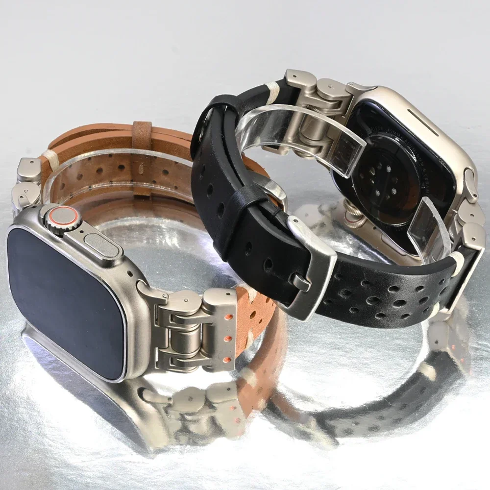 Bracelet de sport en cuir pour Apple Watch, Titanium Document Men Strap, IWatch Series 9 8 7 6 5 4 Se Ultra 2 Correa, 49mm, 45mm, 44mm, 42mm