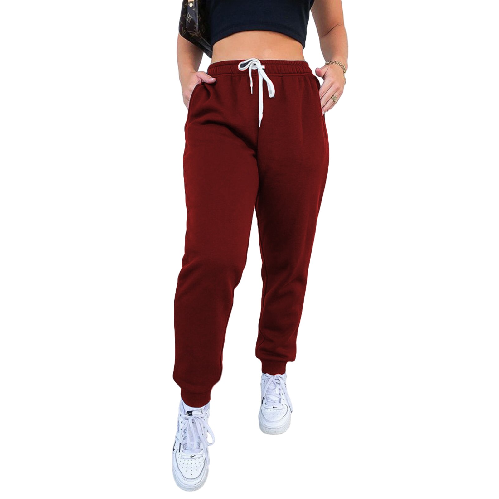 Sweatpants Women's Solid Colors Loose Straight Pants High Waist Casual Sports Fitness Trousers With Fleece-lined Pant: Red / XL