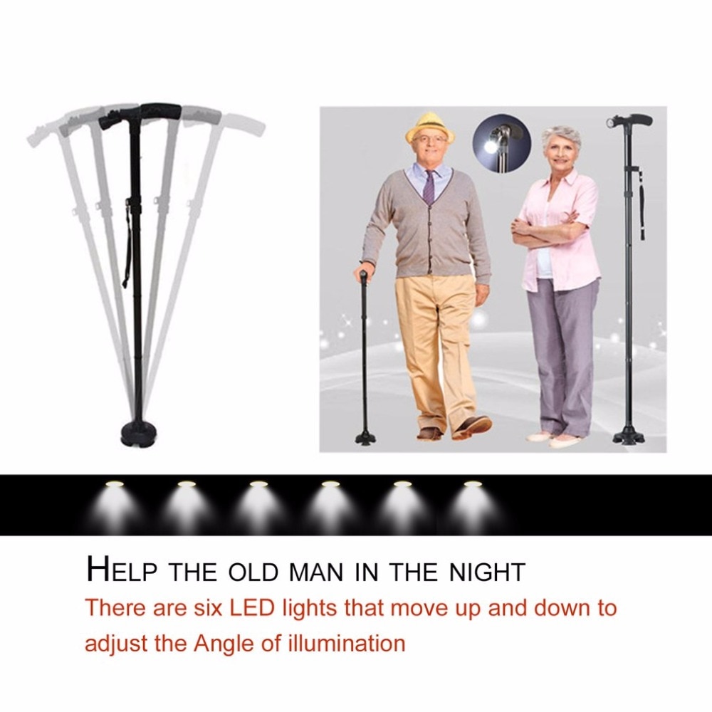 Walking Stick LED Light Canes Trekking Trail Hiking Poles Old Man Ultralight Folding Protector Adjustable T Handlebar Elders