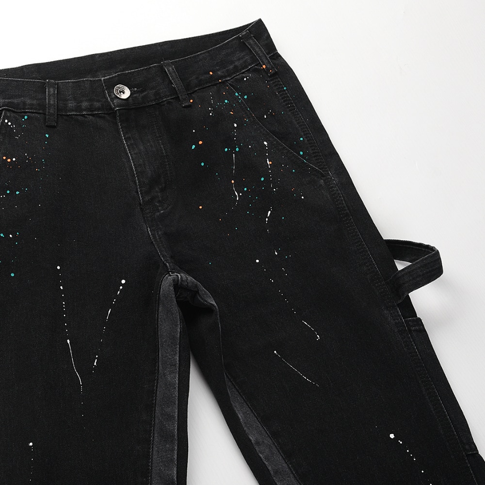 Black Deconstructed Patchwork Jeans Slim Distressing Jogger Multi-color Paint Splatters Men Streetwear