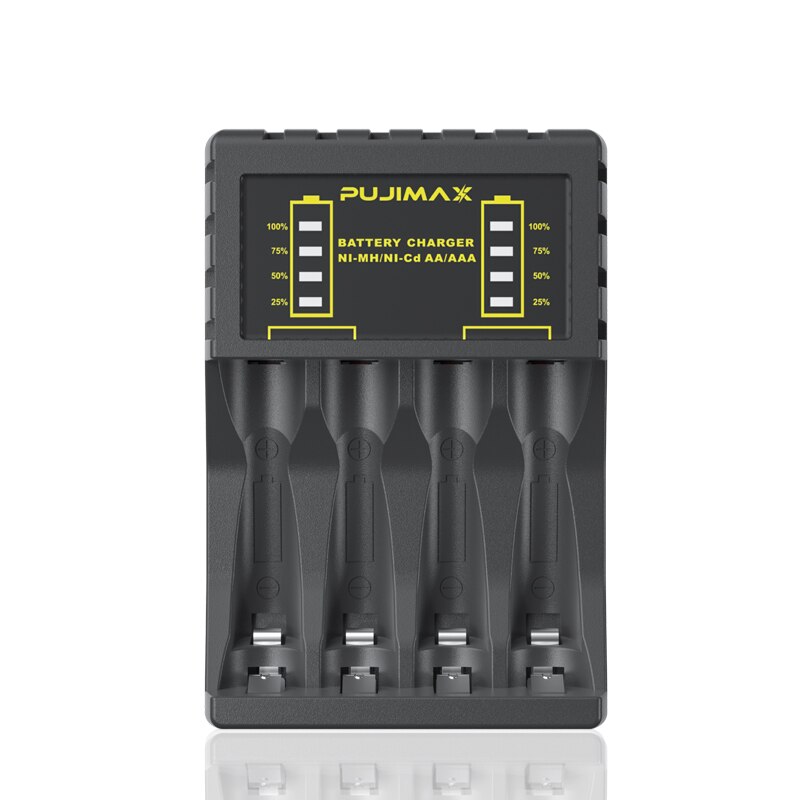 Carregador de bateria inteligente Ni-Mh PUJIMAX com 4 slots para bateria recarregável AA Ni-MH de 1,2 V com alimentação de saída USB e display LED