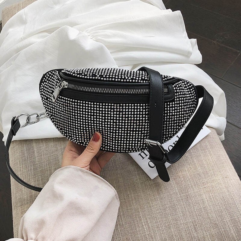 Women Waist Bags Diamonds Ladies Fanny Pack Chest Bag Banana Rhinestone Chain Crossbody Shoulder Bags Belt Bag: Silver Waist Bag