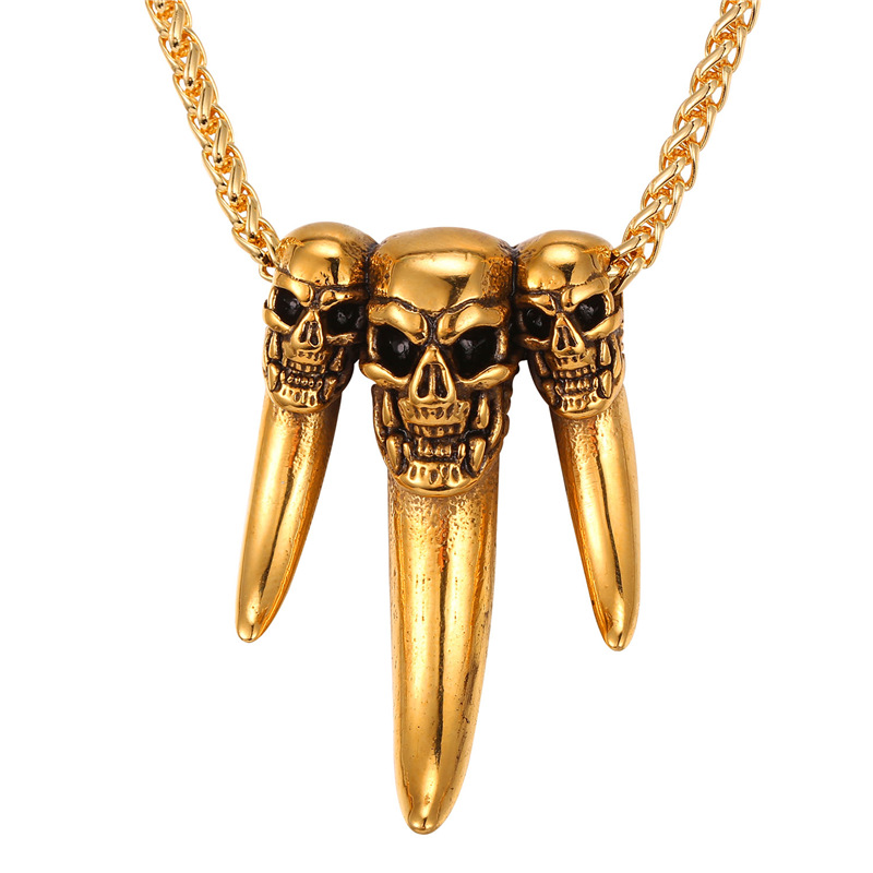 Starlord Punk Wolf Zahn Anhänger Halskette Edelstahl/Gold Farbe 3 Schädel Kopf Charme Amulett Männer Schmuck GP2458: Gold-farbe