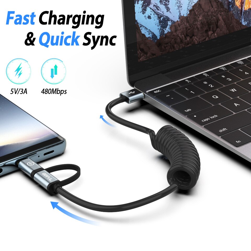 2 In 1 Usb Datakabel Draagbare Lente Micro Usb Type C Mobiele Telefoon Snel Opladen Oplaadkabel Voor Samsung galaxy Xiaomi Huawei