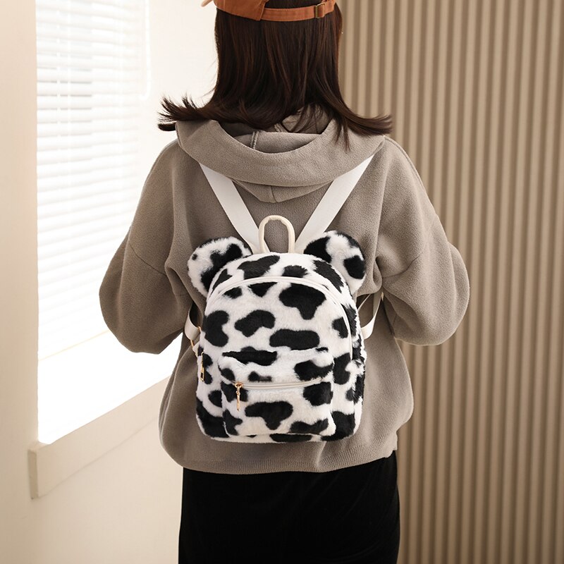 Mini zaino soffice a scacchi per donna 2021 orecchie di orso zaino in peluche scacchiera borsa con spalle in pelliccia zaino peloso scozzese Kawaii